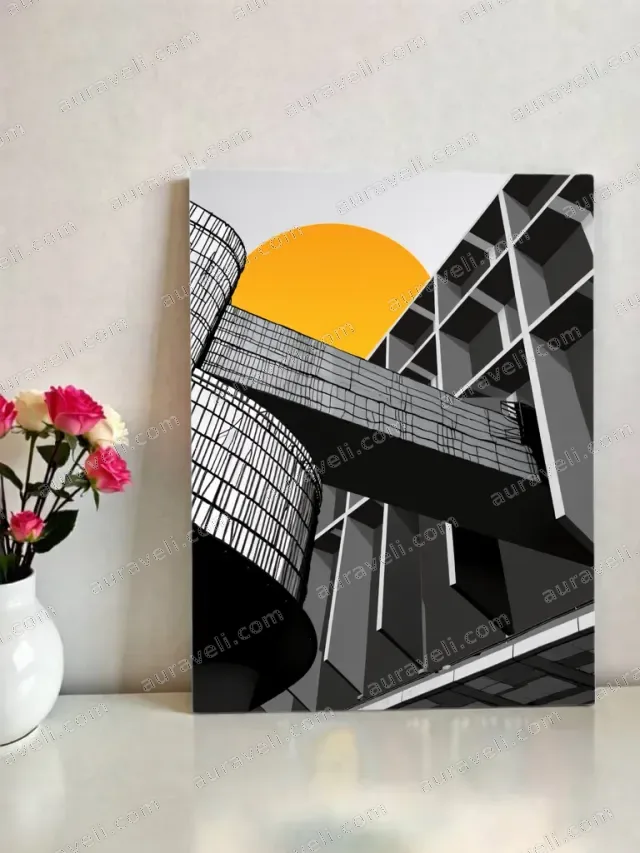 Monochrome Architecture Canvas Wall Art with Orange Sun for Home Decor — art print