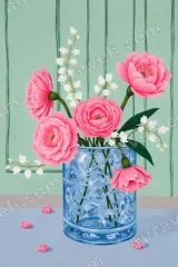 Pink Flower Bouquet in Blue Vase Canvas Wall Art framed for modern home decor