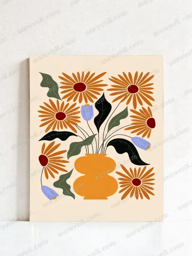 Boho Orange Floral Vase Canvas Wall Art for Living Room Decor — art print