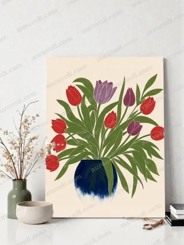 Red & Purple Tulip Bouquet Canvas Wall Art for Living Room Home Decor — art print