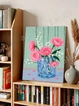 Pink Flower Bouquet in Blue Vase Canvas Wall Art for Living Room Home Decor – view 4