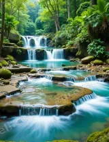 Turquoise Forest Waterfall Stream Canvas Wall Art for Living framed modern home decor