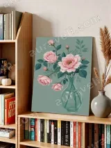 Pink Roses in Teal Vase Floral Canvas Wall Art for Home Decor – view 4