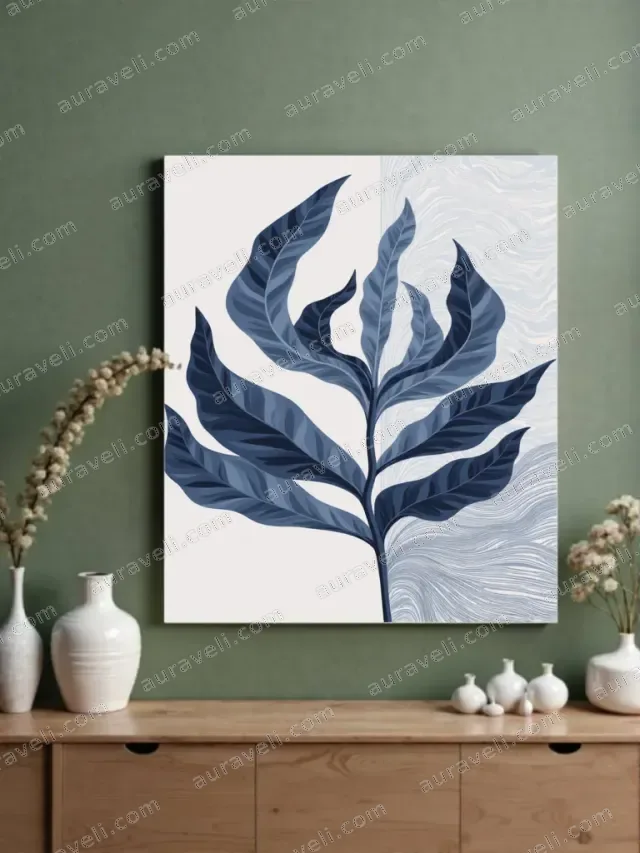 Blue Botanical Leaf Canvas Wall Art for Living Room Home Decor — art print