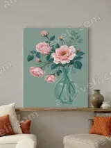 Pink Roses in Teal Vase Floral Canvas Wall Art for Home Decor – view 3