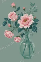 Pink Roses in Teal Vase Floral Canvas Wall Art framed for modern home decor