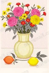 Colorful Floral Vase with Lemons Orange Canvas Wall Art framed for modern home decor