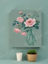 Pink Roses in Teal Vase Floral Canvas Wall Art for Home Decor