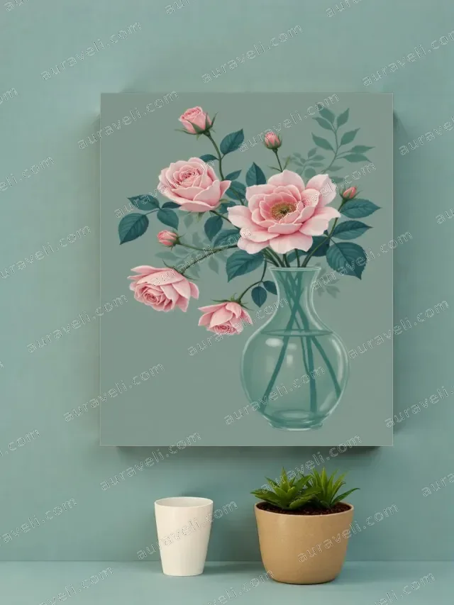 Pink Roses in Teal Vase Floral Canvas Wall Art for Home Decor — art print