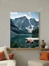 Mountain Lake Red Canoes Dock Canvas Wall Art for Living Room Decor