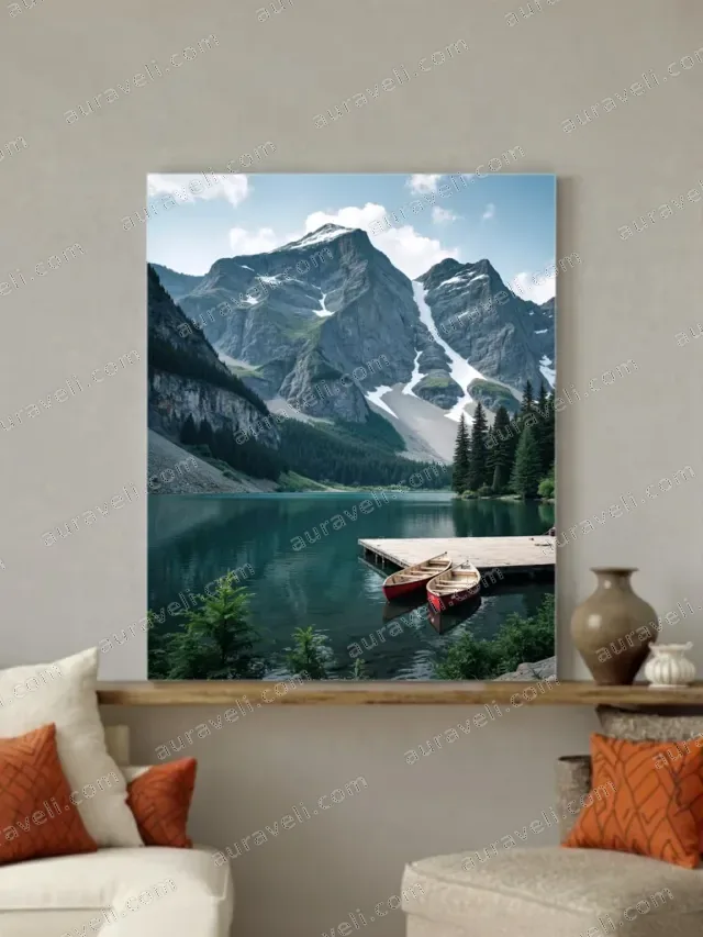 Mountain Lake Red Canoes Dock Canvas Wall Art for Living Room Decor — art print