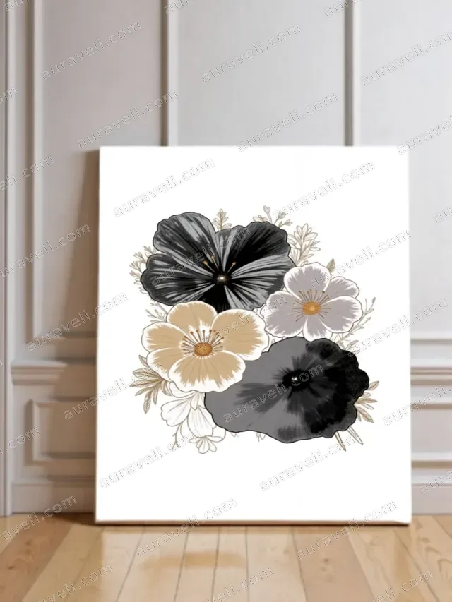 Black Beige Gray Floral Canvas Wall Art for Home Decor — art print