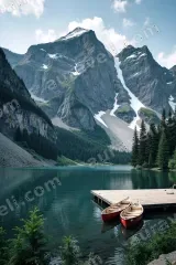 Mountain Lake Red Canoes Dock Canvas Wall Art for framed modern home decor