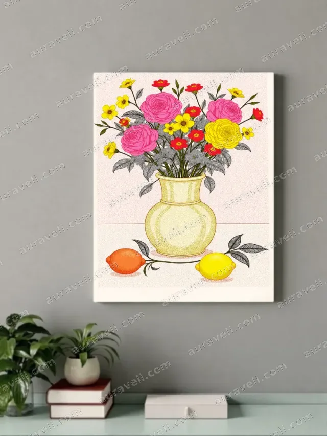 Colorful Floral Vase with Lemons & Orange Canvas Wall Art for Home Decor — art print