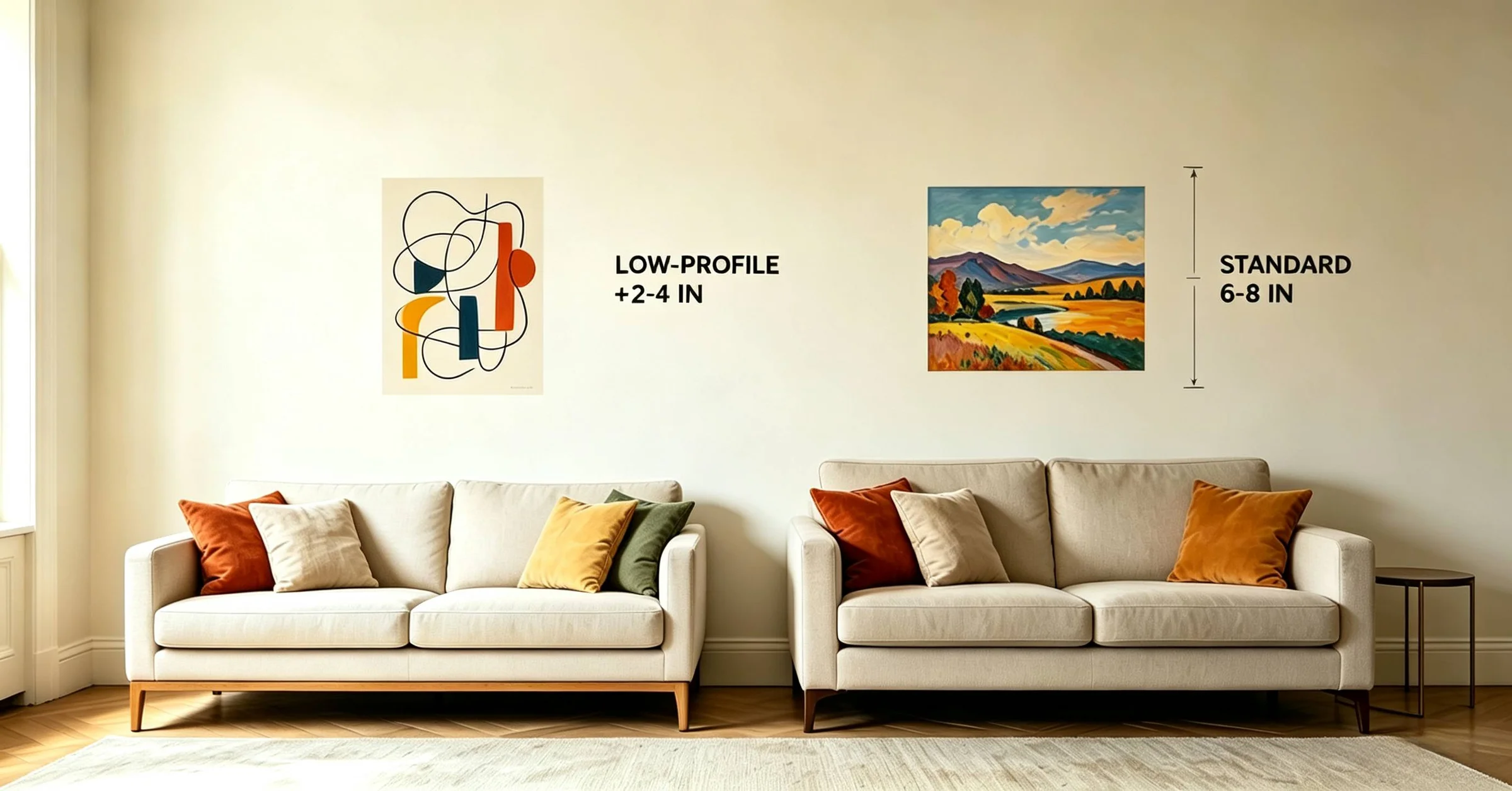 <p>Low-profile sofa vs standard sofa canvas height comparison, 2-4 inches higher</p>