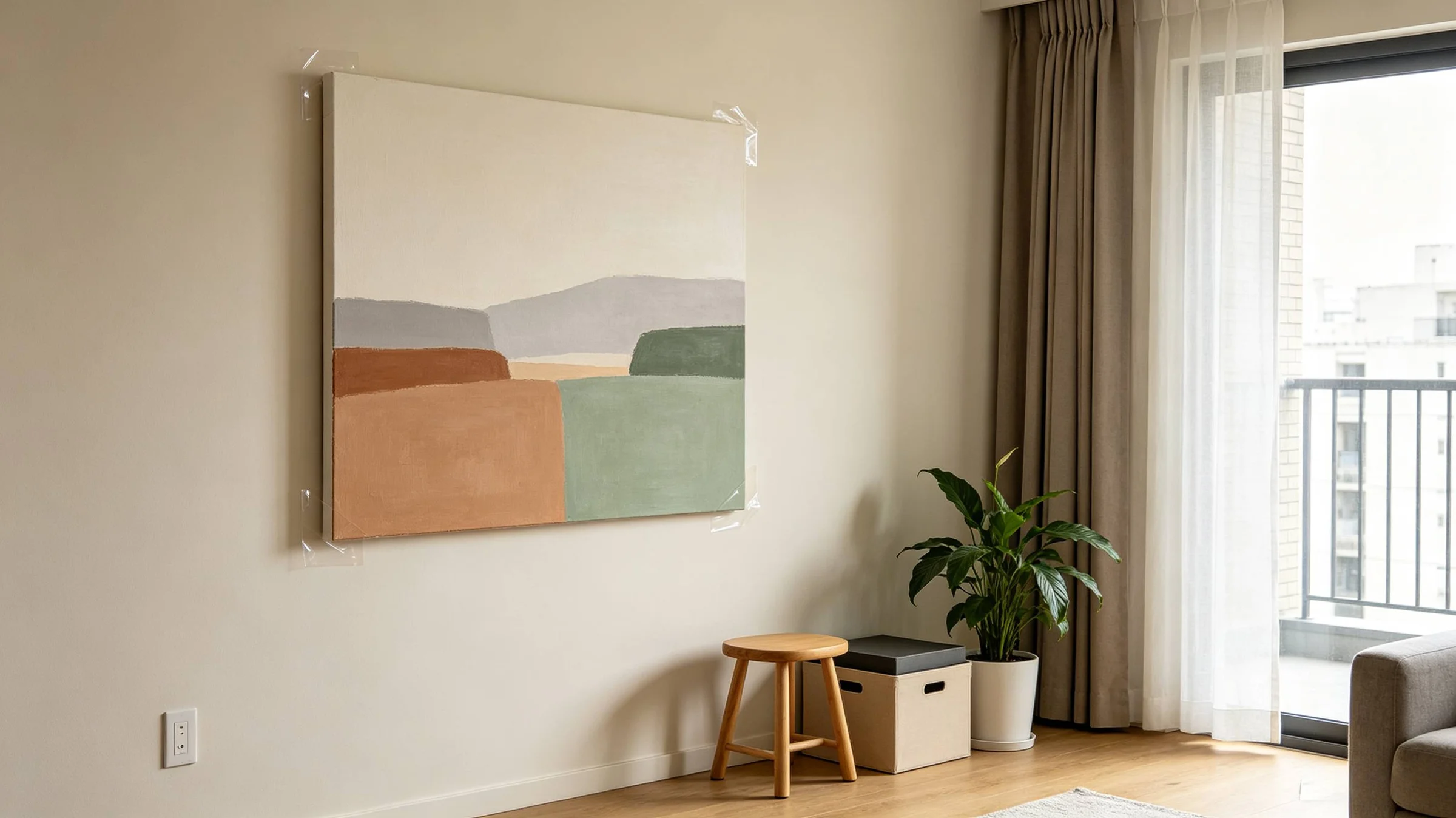 <p>Minimalist wall art with negative space in bright small living room, calm home decor</p>