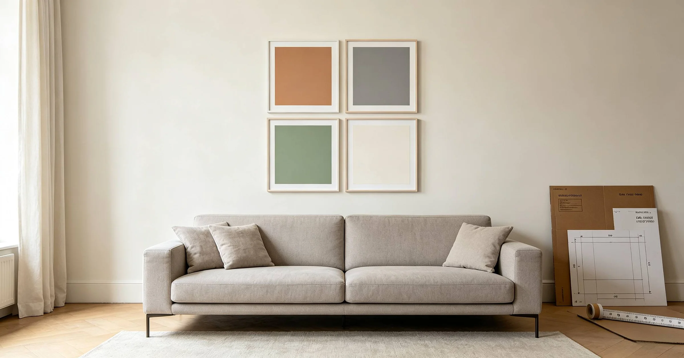 Symmetrical grid gallery wall behind sofa, equal spacing and balanced layout
