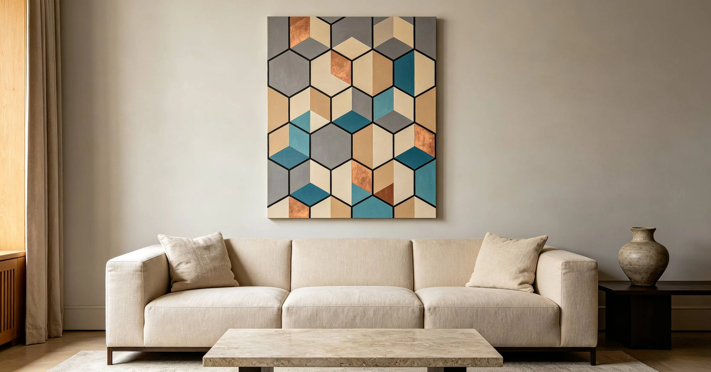 <p>vertical hexagonal geometric canvas above sofa, luxury hotel living room</p>
