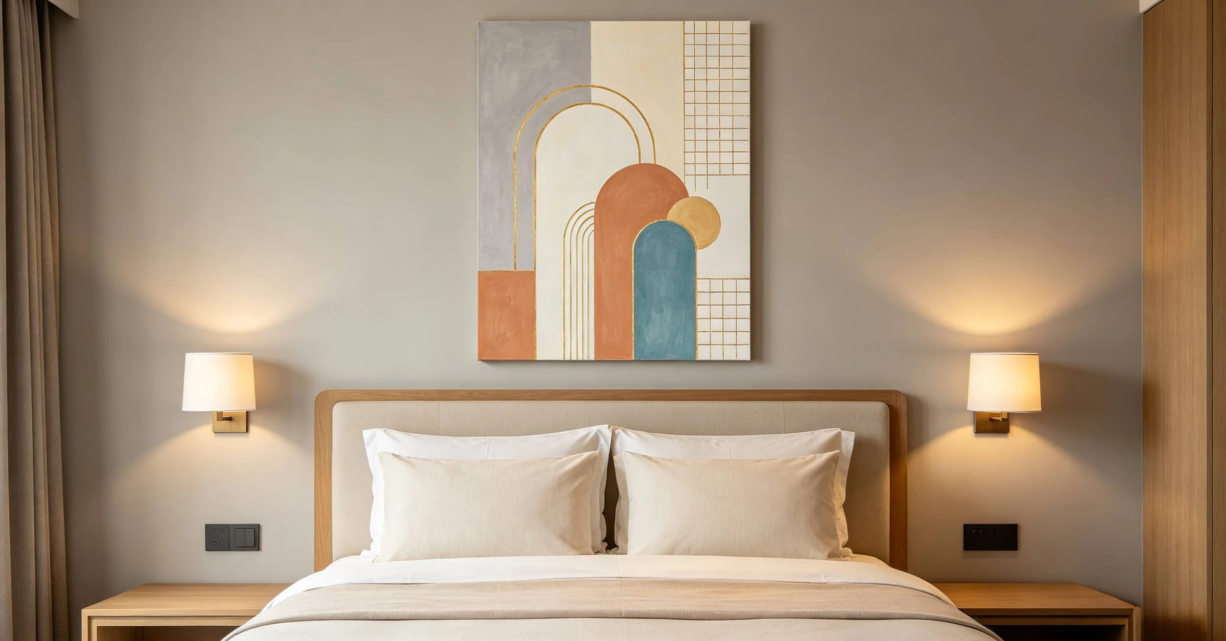 <p>geometric wall art above bed, frameless hotel style bedroom decor</p>