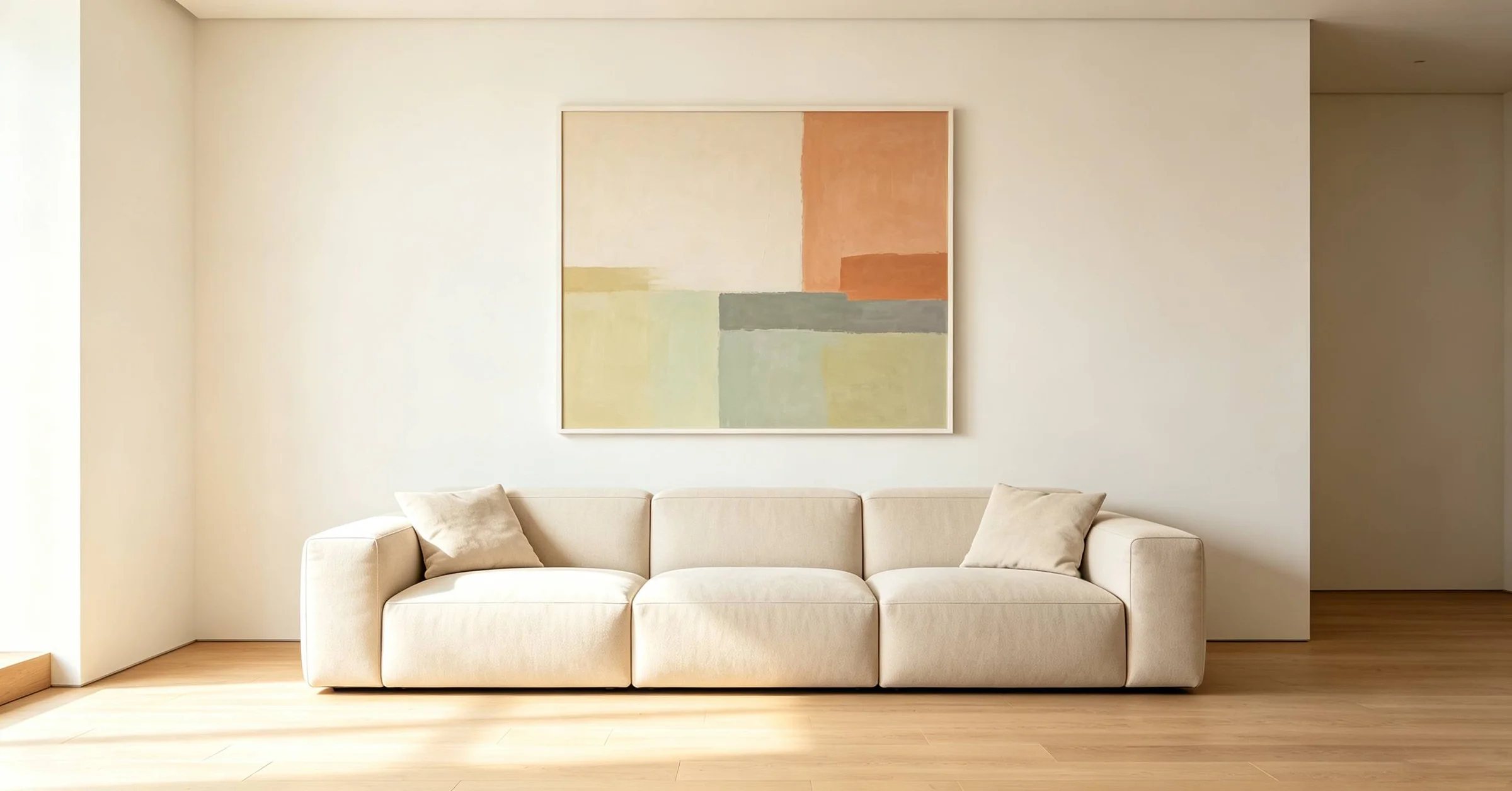 <p>Oversized neutral wall art size guide for open plan living rooms, sofa proportion</p>