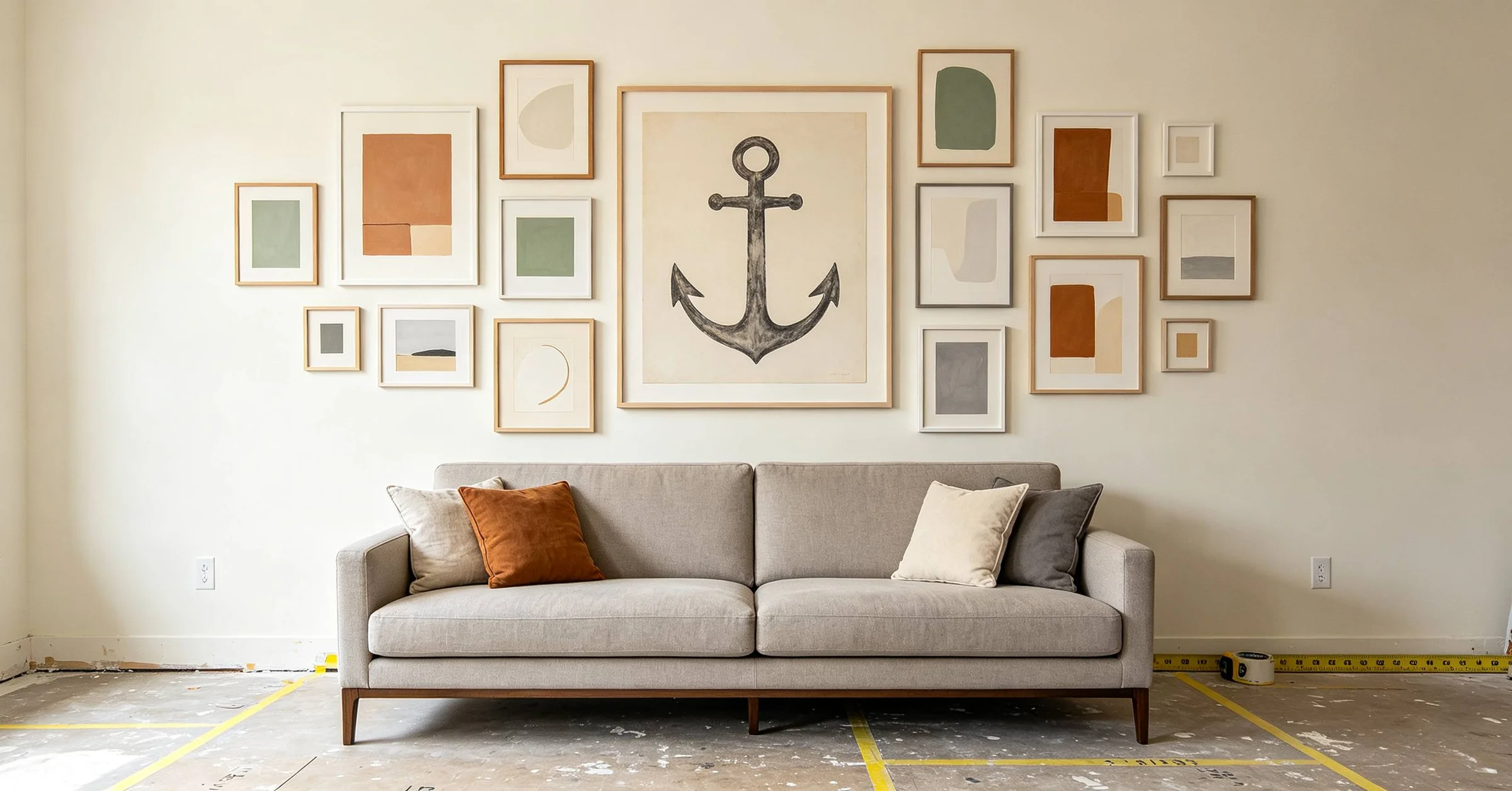 Salon-style clustered gallery wall above sofa, eclectic minimalist art arrangement