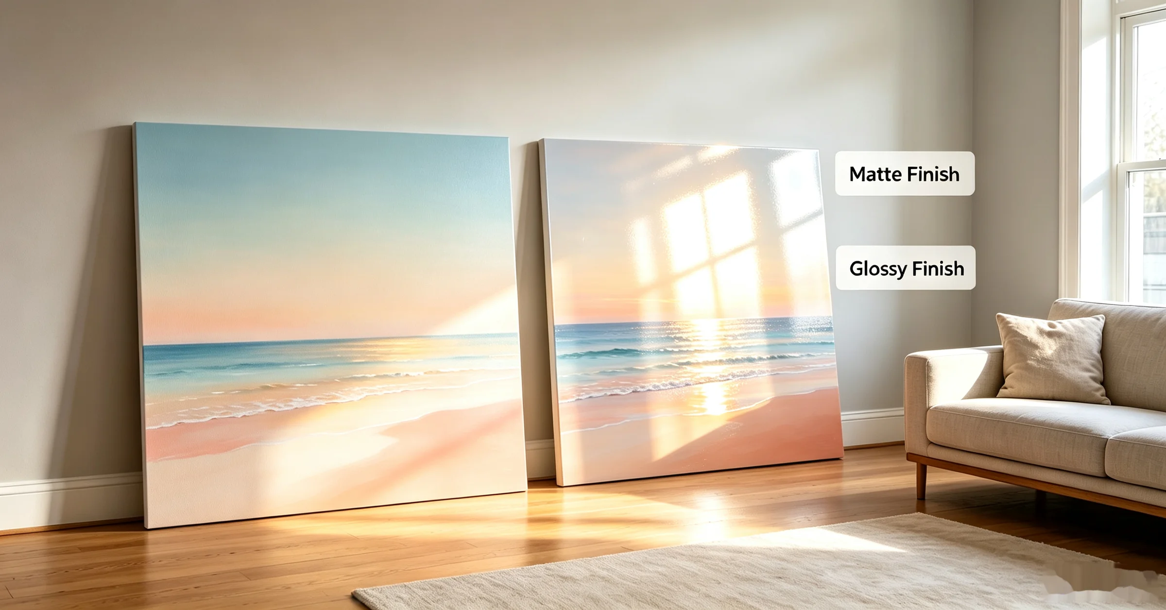 <p>matte vs glossy canvas comparison, standard-size wall art samples</p>