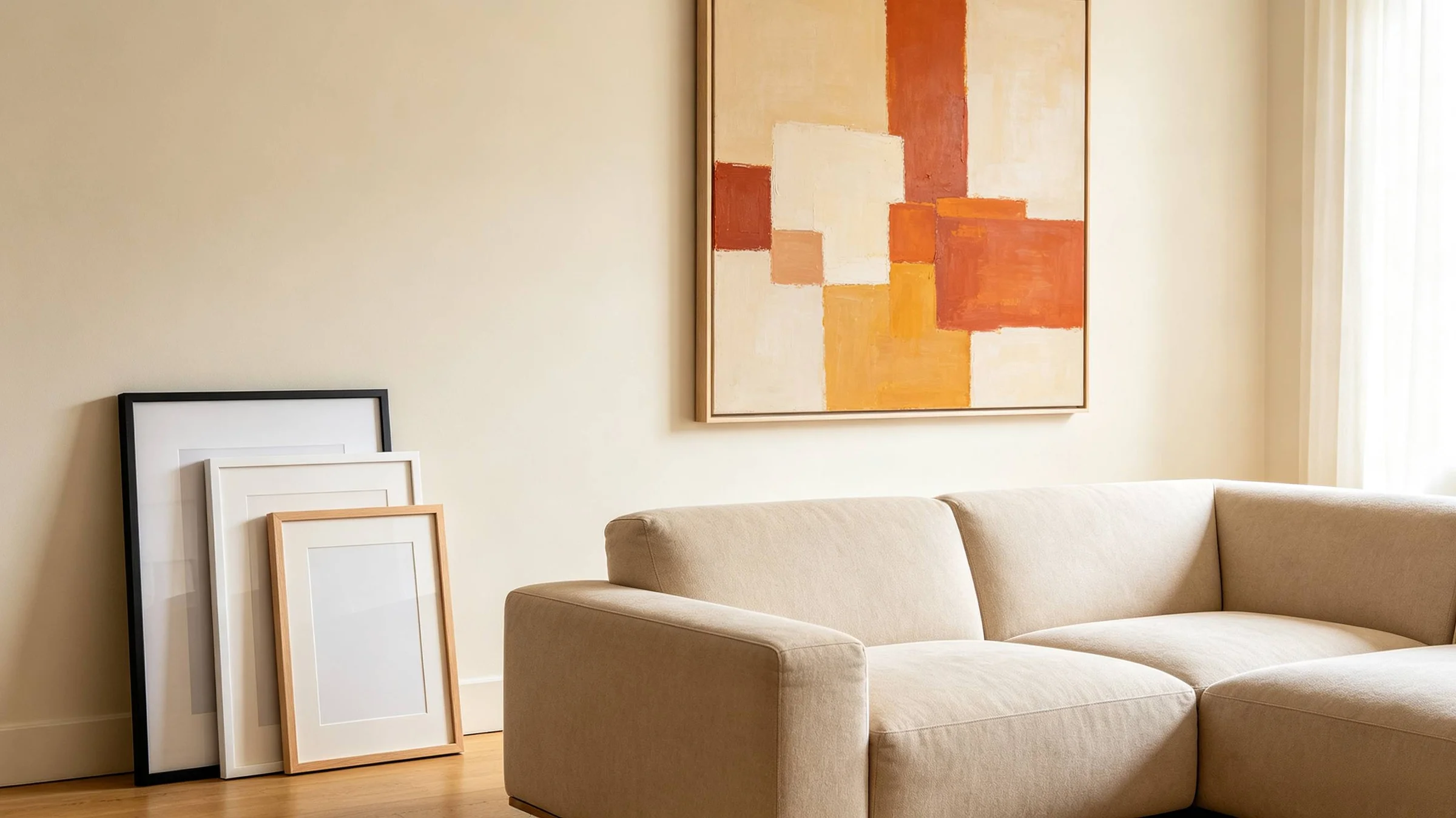 <p>Minimalist art framing finishes, black metal, light wood and white mat options</p>