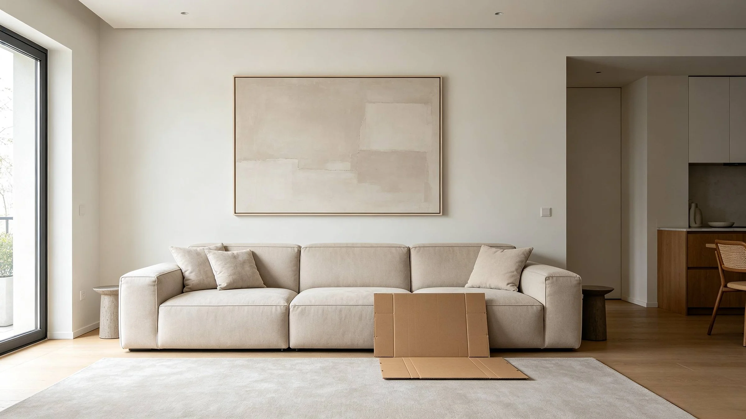 <p>Vibrant neutral minimalist wall art above sofa in open concept living room, warm tones</p>