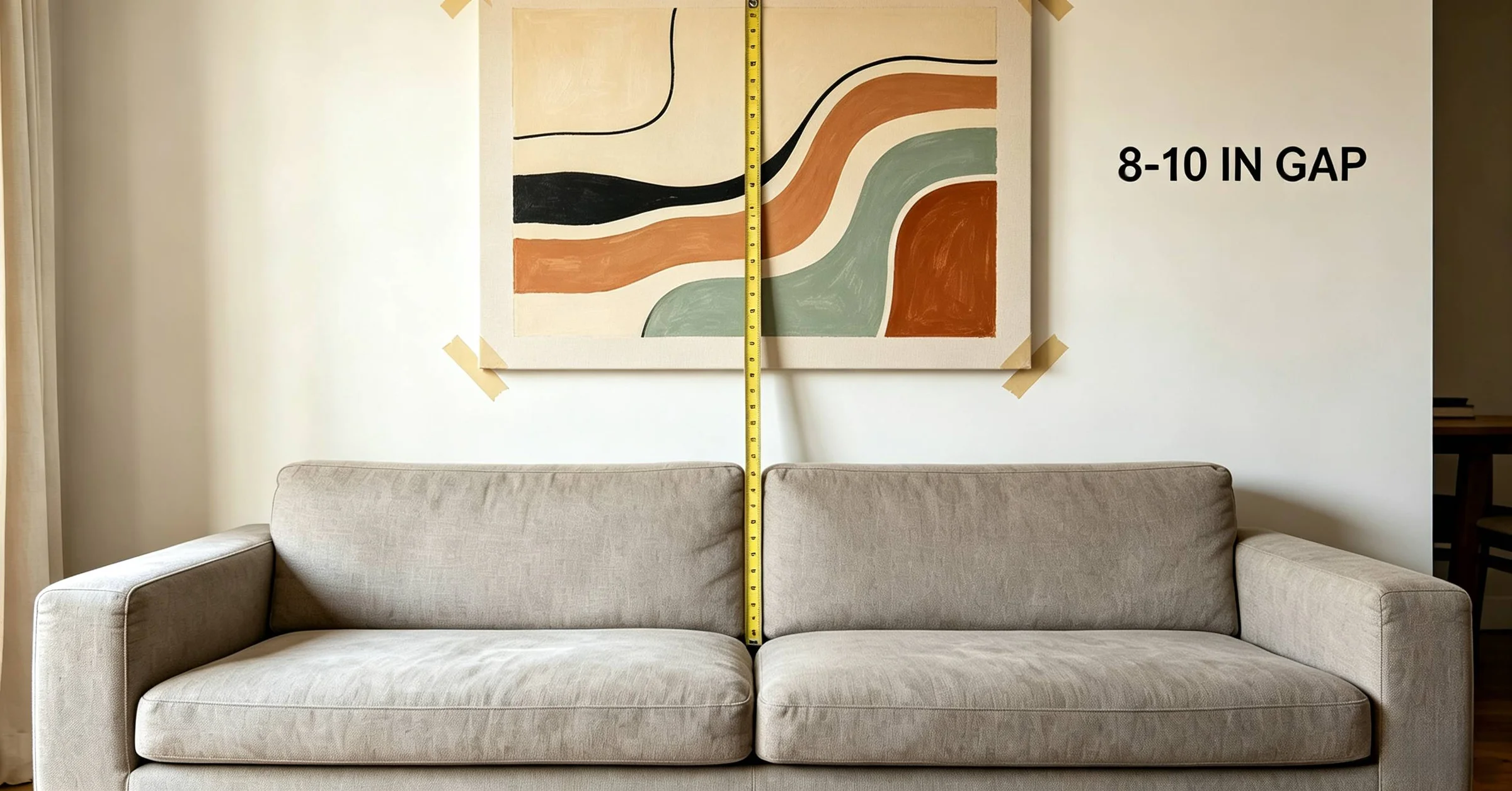 <p>Measuring 8-10 inch gap between low sofa and unframed canvas art</p>
