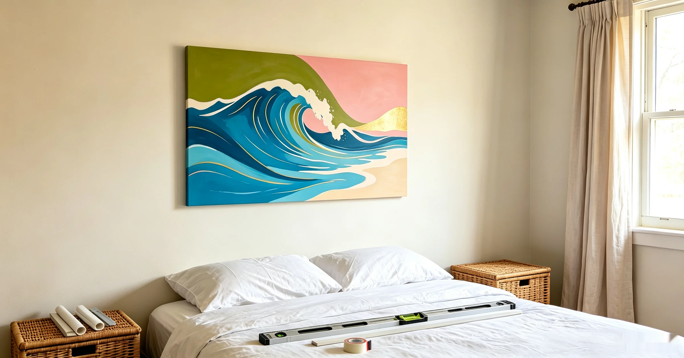 <p>matte canvas above bed, realistic size abstract ocean line art in rental bedroom</p>