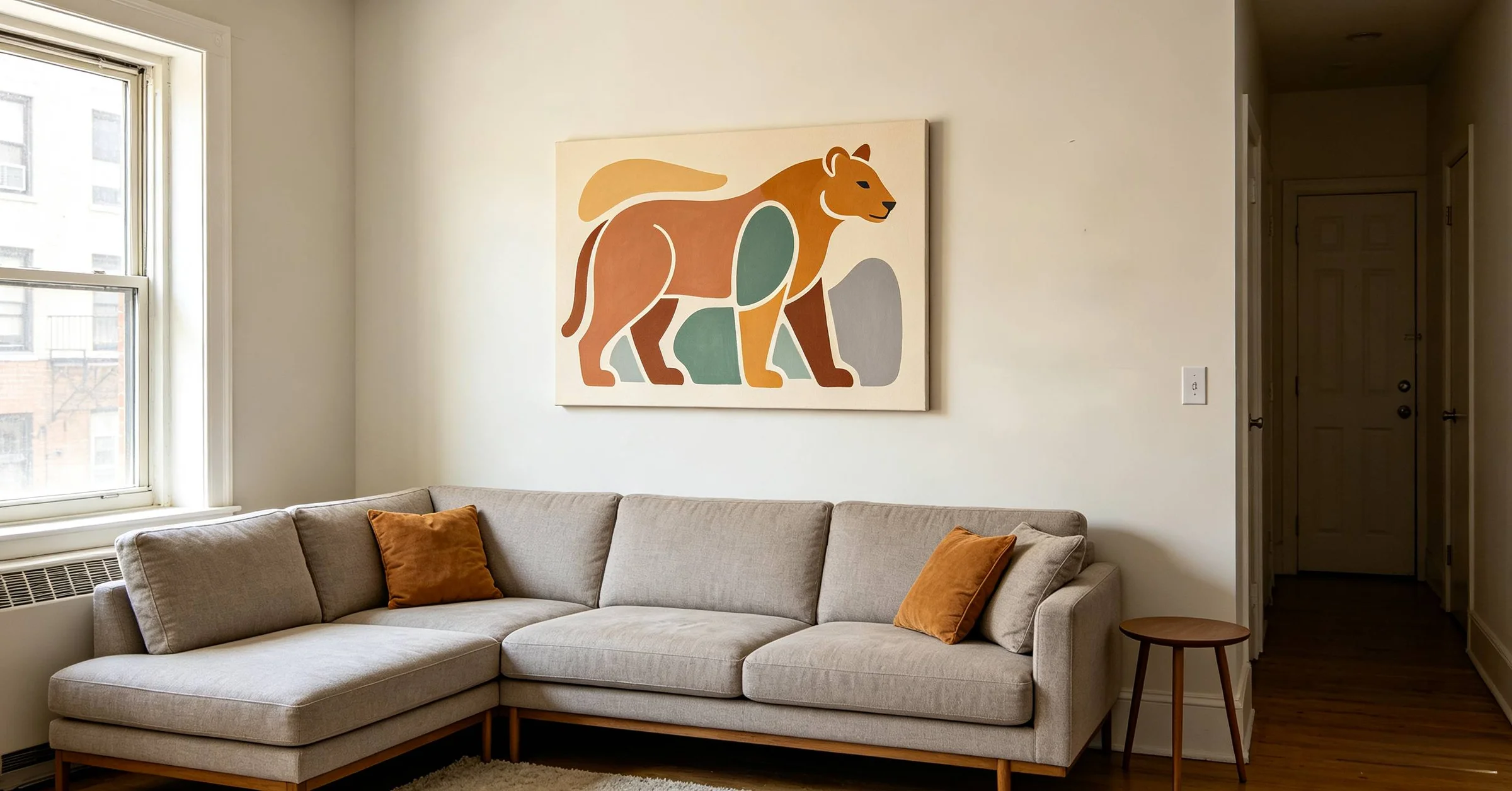 <p>Lightweight unframed canvas above low sofa, renter-friendly hanging hardware</p>